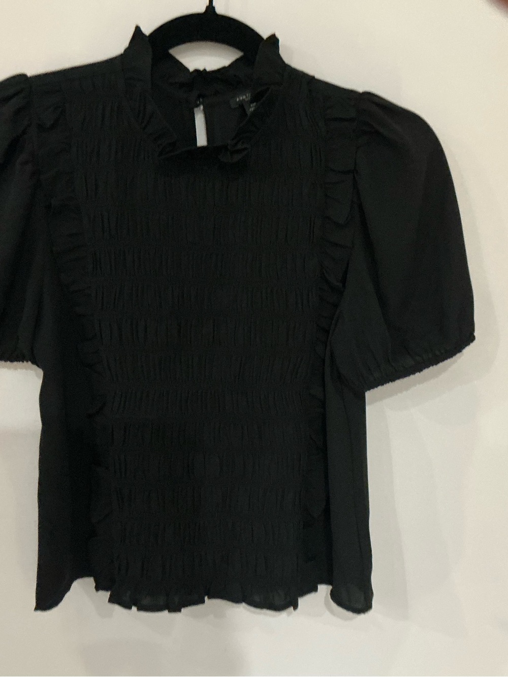 Ann Taylor Black Ruffle-Trim Smocked Blouse XS